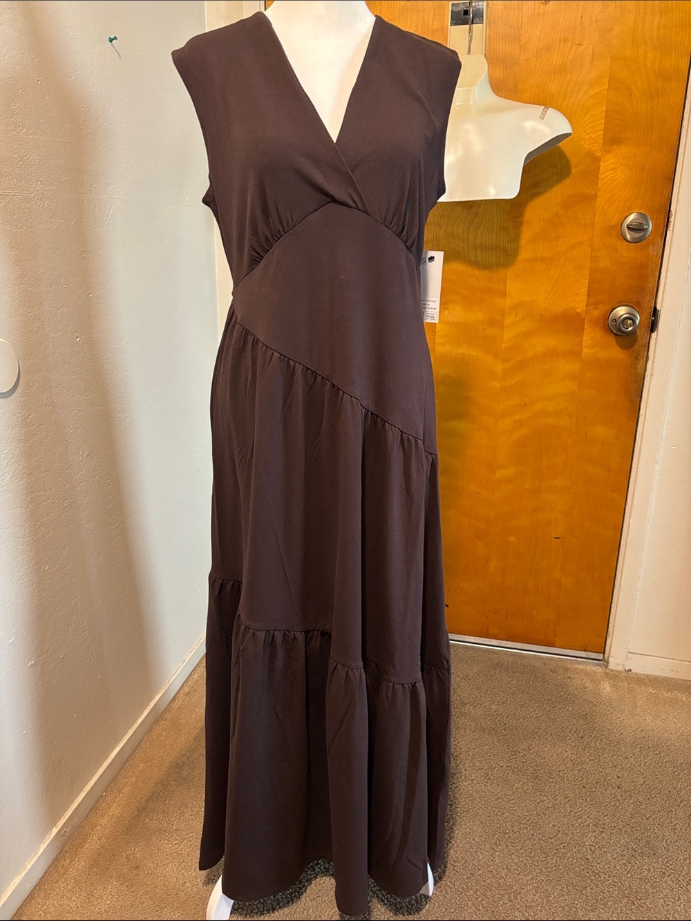 DKNY Chocolate Brown Sleeveless V-Neck Tiered Maxi Dress